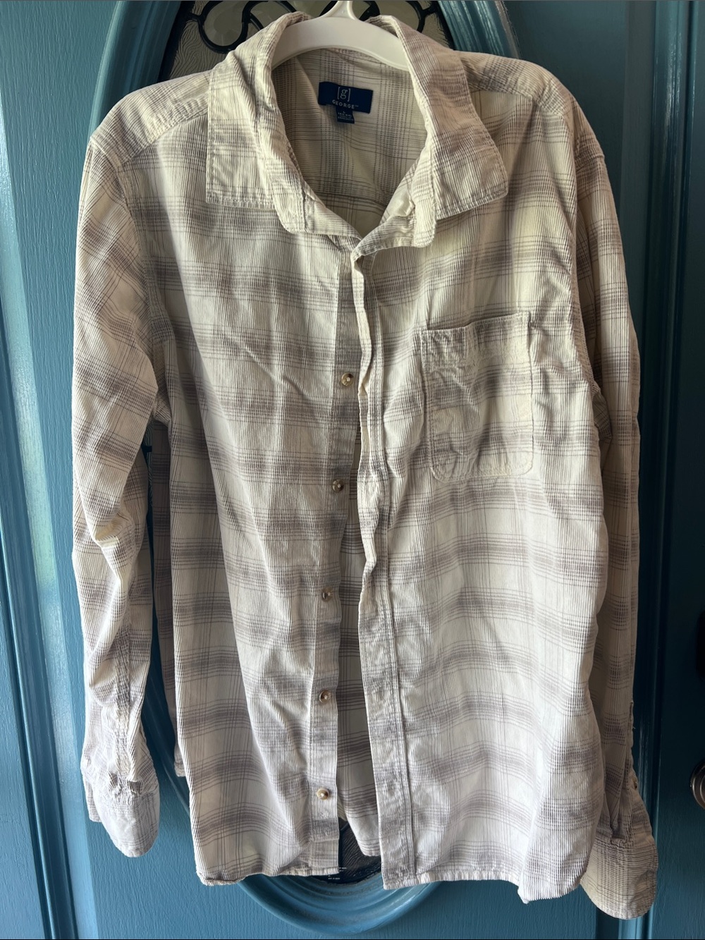 Corduroy Plaid Button-Up Shirt in Cream and Light Gray (Unisex) L 42-44